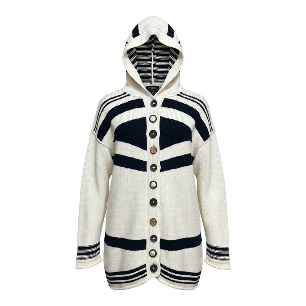 Pure Handknit Cardigan Boho Stripe Unique Ornate Buttons Size M/L Black Cream